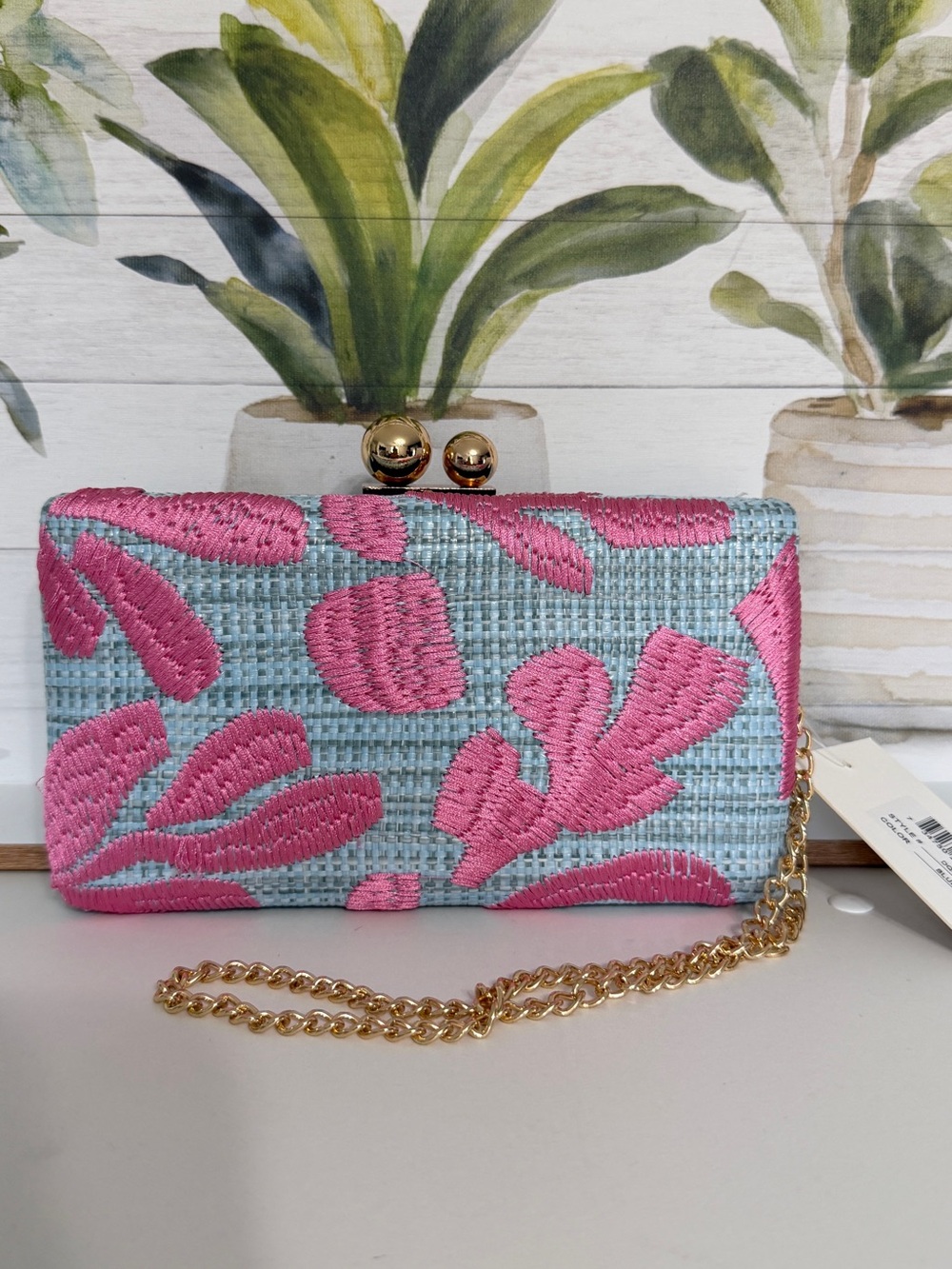 Woven Pink & Light Blue Floral Clutch with Gold Chain